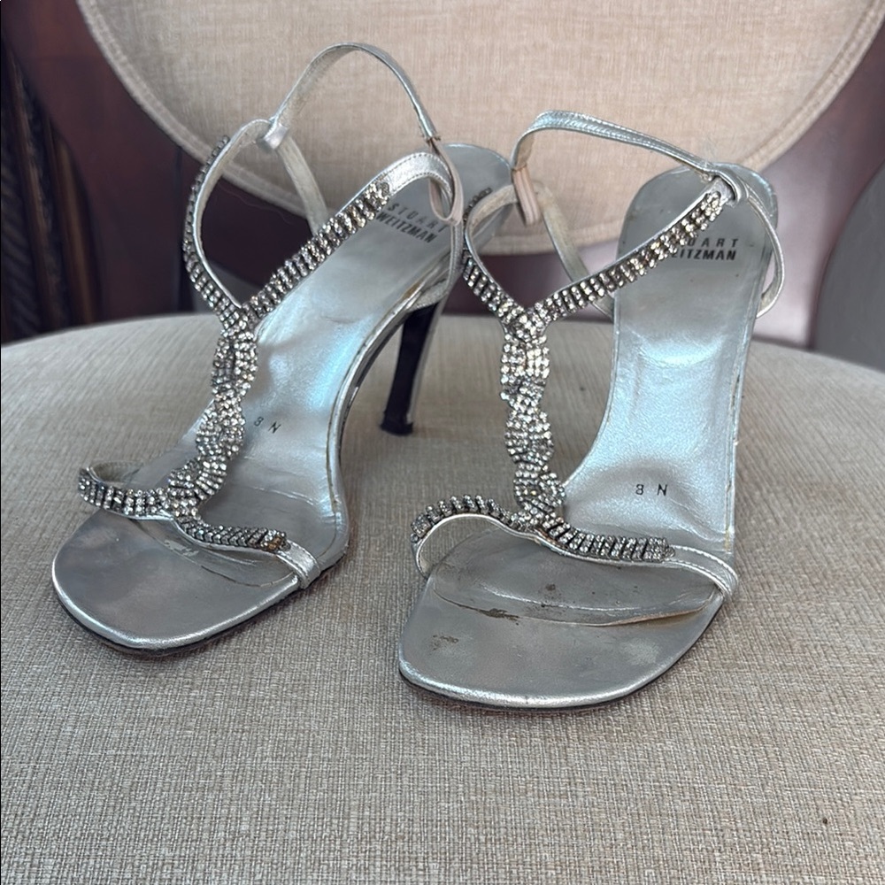 Stuart Weitzman Silver Rhinestone Strappy Heels 8N